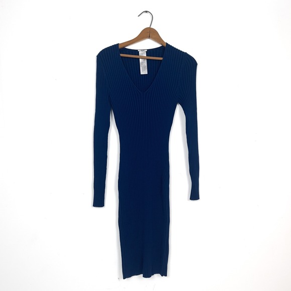 Wolford Dresses & Skirts - Wolford Blue Virgin Wool-Cotton Ribbed V-Neck Dress • Elegant Bodycon Knit -‎ M